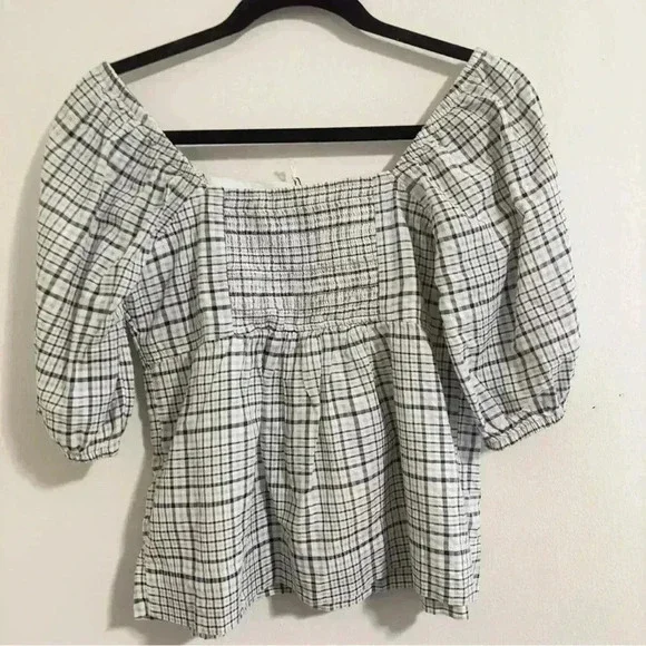 Free Assembly Size XS Ivory Plaid Organic Cotton Women's Puff Sleeve Blouse Top - Picture 9 of 15